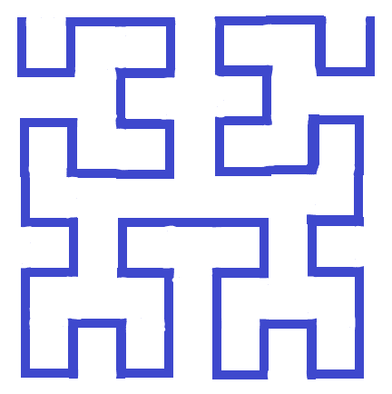 A Blue Drawing to teach how to draw the Hilbert Curve Fractal by hand
