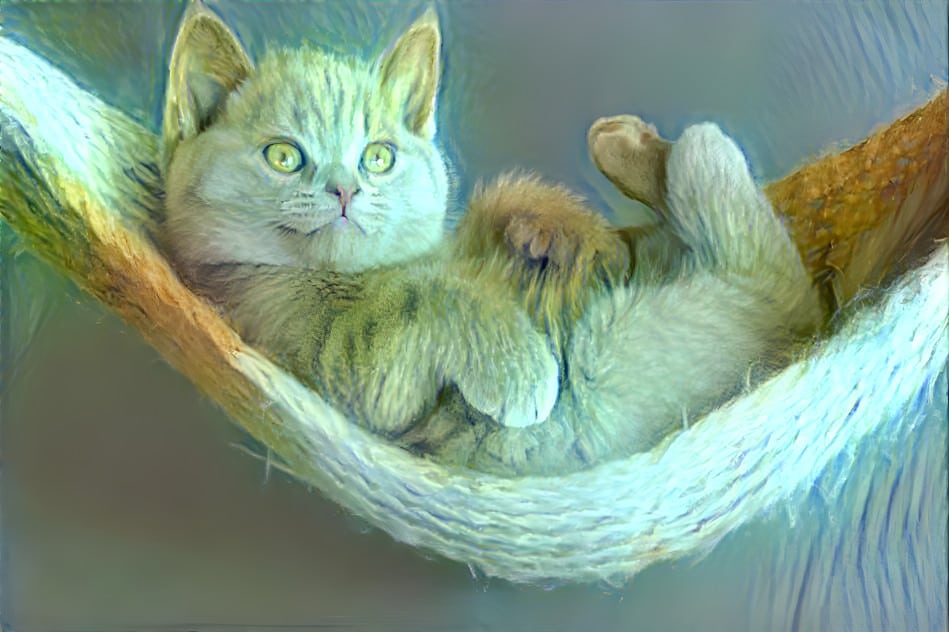 A kitten lying in a hammock with the style transfer to van gogh's self portrait
