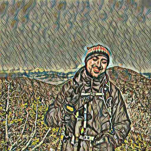 A picture of Mike on the summit of Mt. Whiteface style transferred to Jackson Pollock's Mural