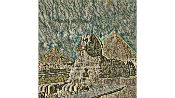 An image of the Sphinx style transferred to the style of Jackson Pollock's Mural
