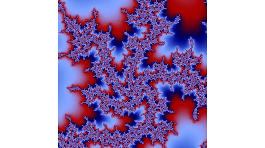 A mandelbrot set zoom with red white and blue colors