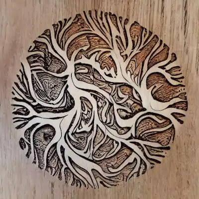 A circular piece of wood with Lichtenberg-style patterns