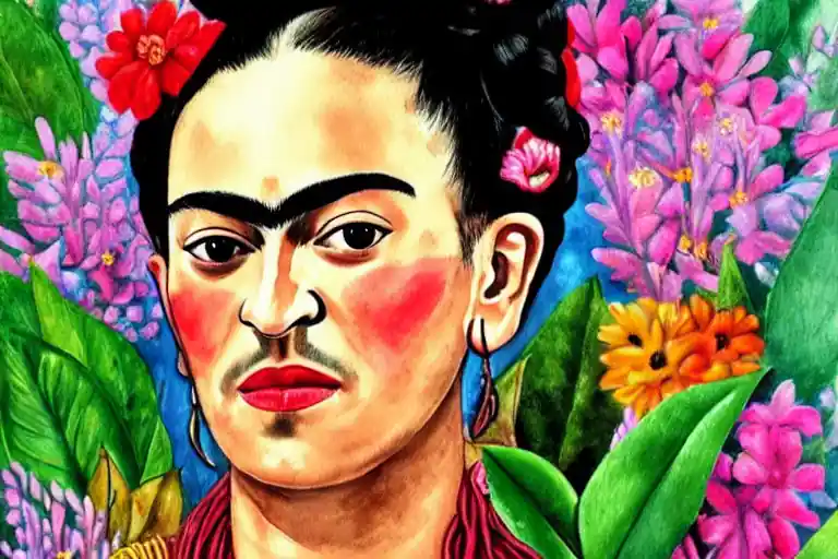 A watercolor of Frida Kahlo with pink cheeks and pink flowers