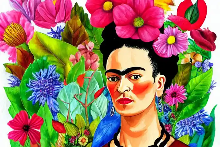 A watercolor painting of Frida Kahlo in her artistic style