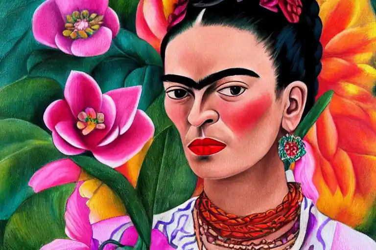 A painting of Frida Kahlo with her famous pink flowers in Frida Kahlo's artistic style