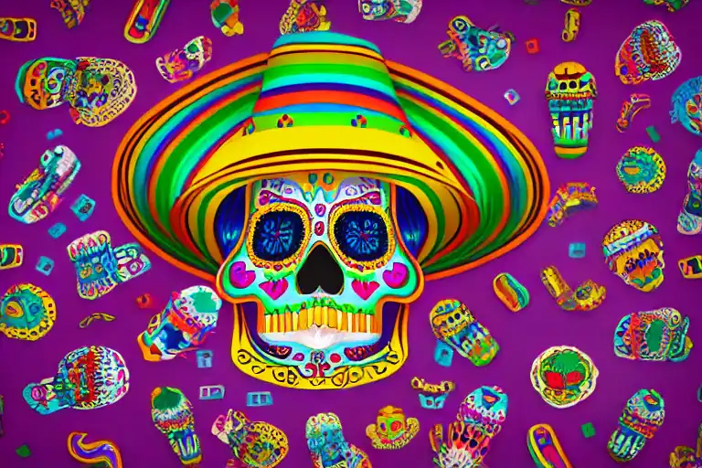 A cartoon sugar skull wearing a sombrero