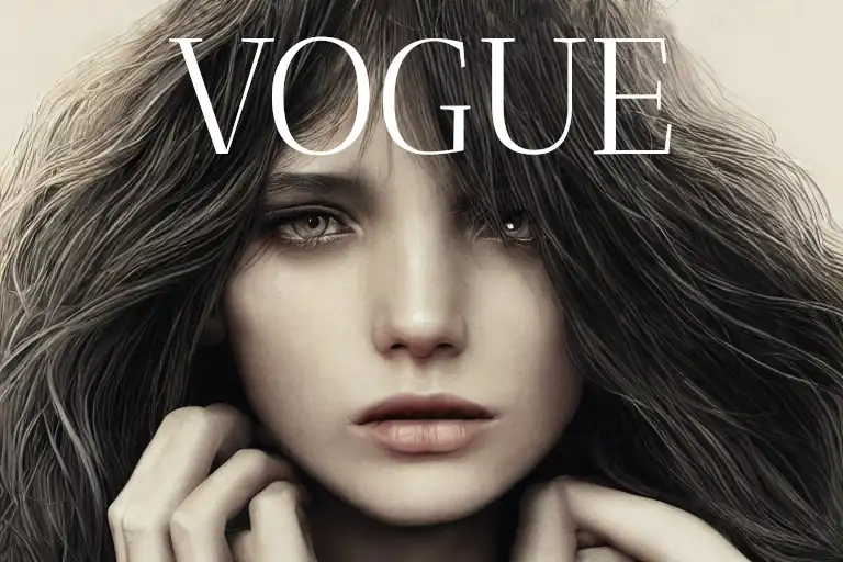Woman model posing as if she were on a vogue cover with text like vogue