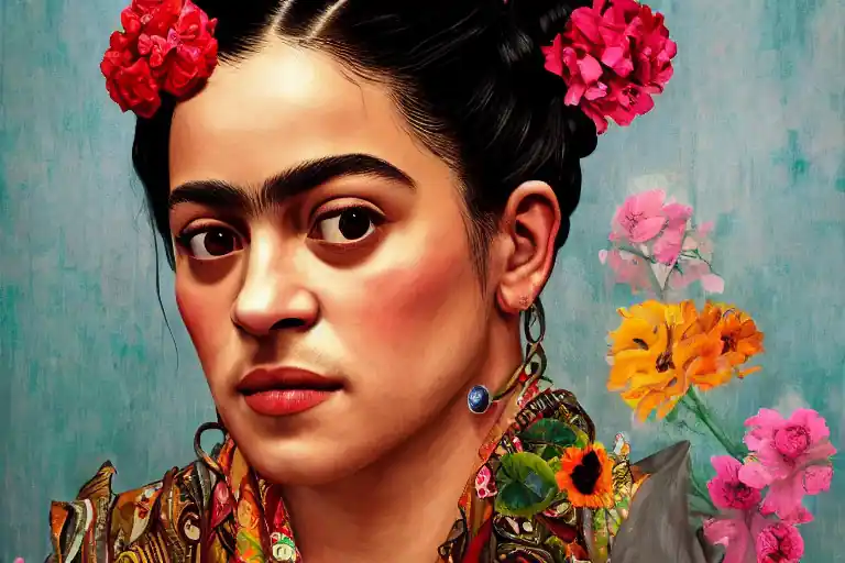 A portrait of Frida Kahlo with flowers and blue house walls