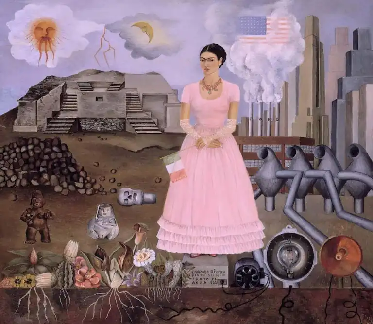 Frida Kahlo's Self Portrait on the US-Mexico border displays her feelings about capitalism in the US. Painting is located in personal collection of Manuel and Maria Rodriguez de Reyero