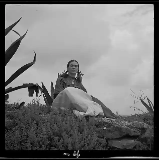 Frida sitting in the Senoras of Mexico article. Photo public domain courtesy of Library of Congress.