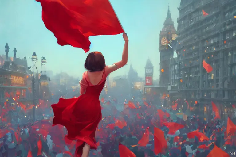 Girl waving a red flag over a crowd at a rally in London