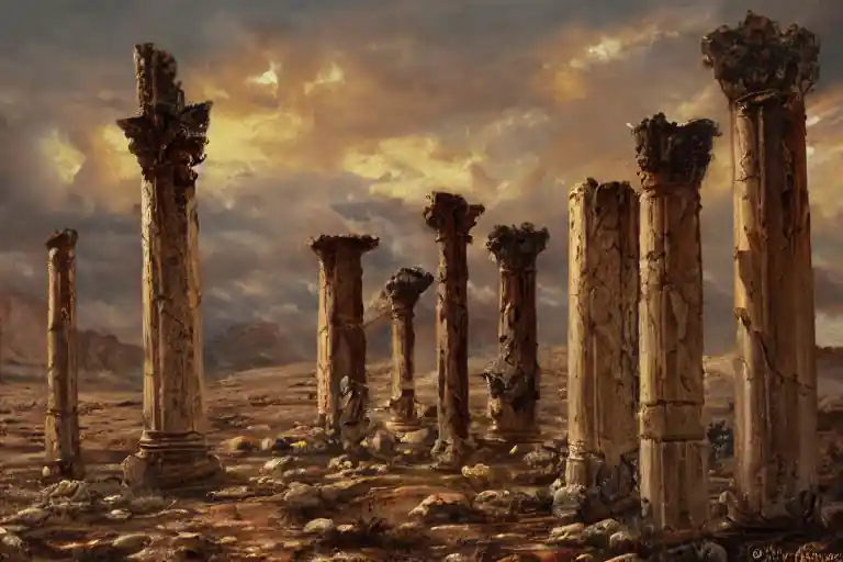 a set of classical ancient columns in the desert broken and decaying