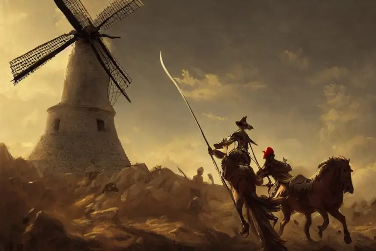 dramatic painting of don quixote on his horse battling a windmill