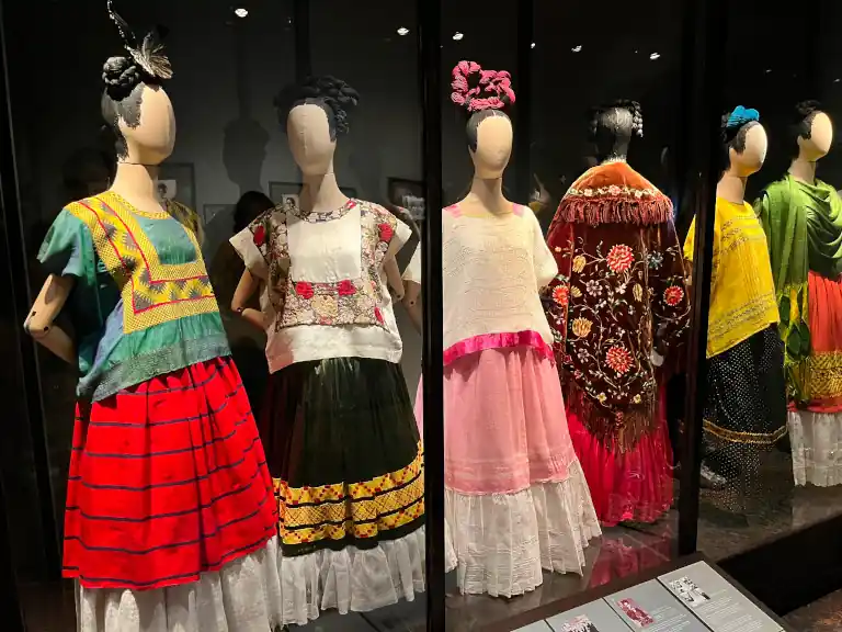 Some of Frida Kahlo's Tehuana dresses on display in the Frida Kahlo museum
