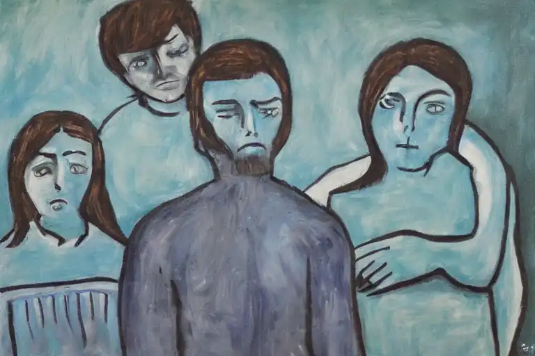 A gloomy family painted in the style of Picasso's The Tragedy