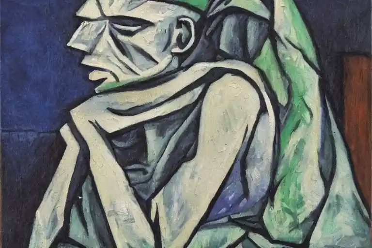 painting of a gloomy old man in the style of pablo picasso's blue period
