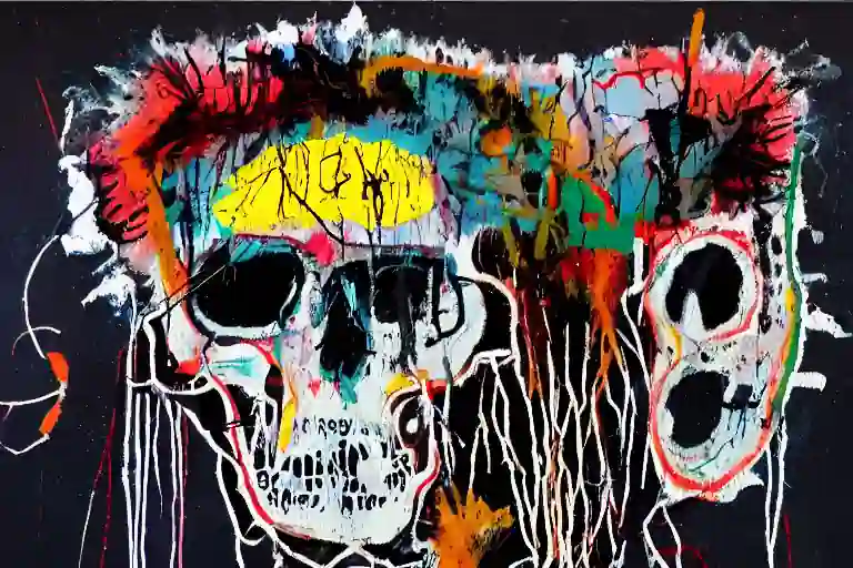 painting of a skull abstract with hair made of colorful spray paint