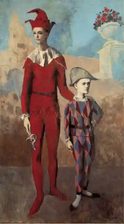 Picasso's Acrobat and Young Harlequin from his Rose Period painted in 1905. Public domain