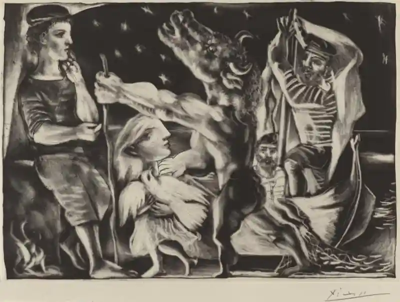 Picasso's mythical drawing Blind Minotaur is Guided by Girl Through the Night