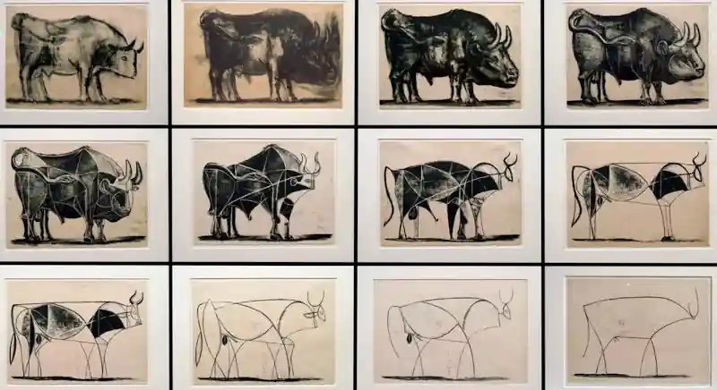 Picasso's lithograph series of a bull aligned in progression.
