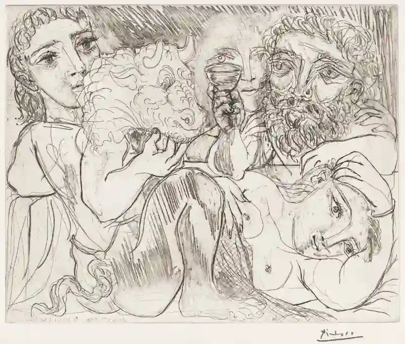 Picasso's mythical drawing Minotaur Drinker and Women