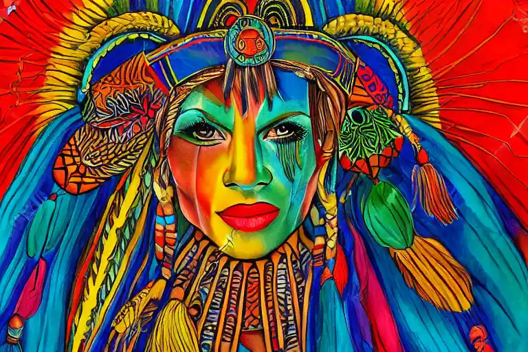 Artistic render of a traditional headdress in vibrant colors