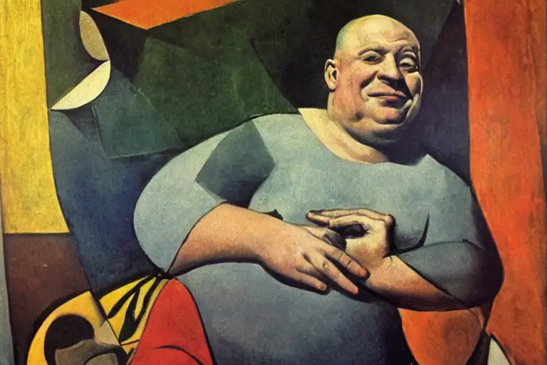 a jubilant bald man smiling painted in the style of pablo picasso