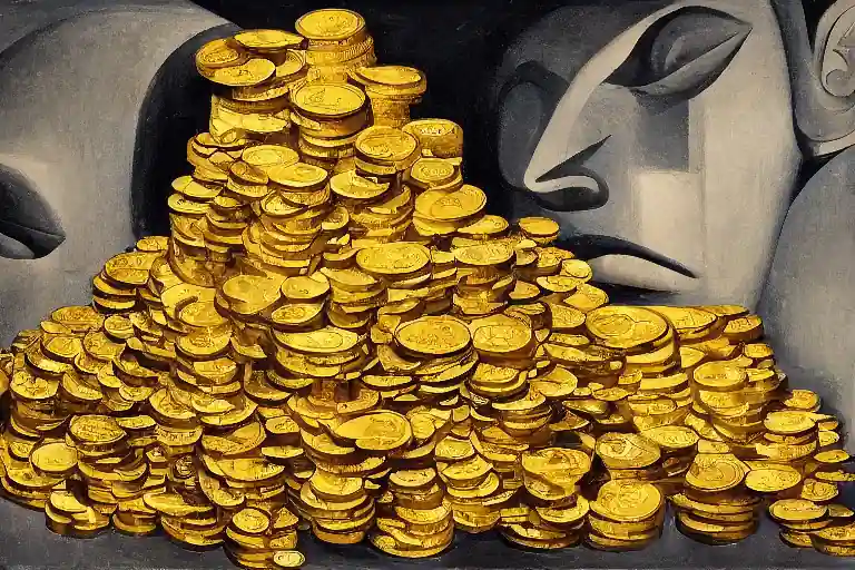 an ominous picasso styled face lording over a pile of gold