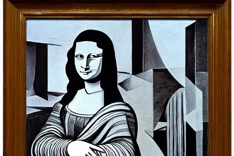 painting of the mona lisa in black and white in a cubist style like picasso