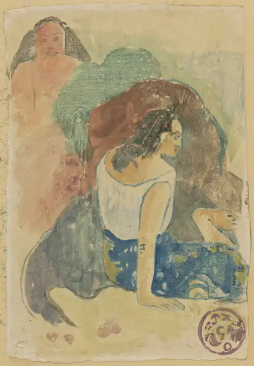 Paul Gauguin's Arearea no Varua Ino (Words of the Devil) painted in 1894. Public Domain. Painted in a similar perspective as Picasso's Blue Nude