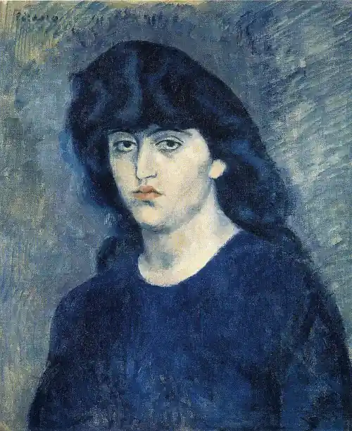 Picasso's Portrait of Suzanne Bloch painted in 1904 as part of his Blue Period that started with the death of Casagemas. Public domain