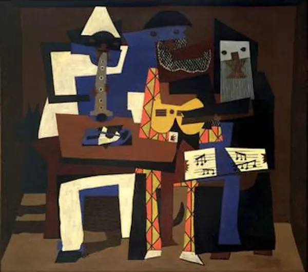 Picasso's Musiciens aux masques (Three Musicians) painted in 1921 in Fontainebleu. Located in the Museum of Modern Art NYC. Public domain image