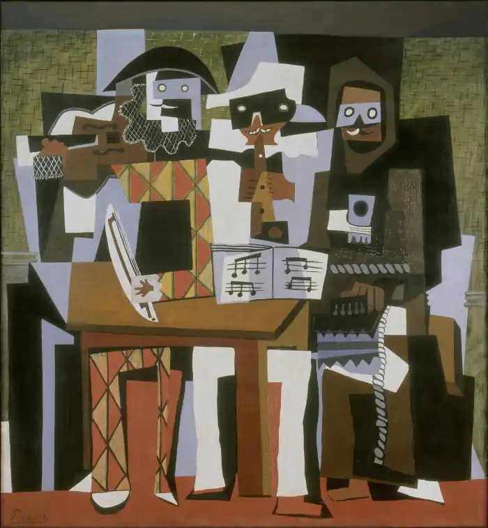 Picasso's Nous autres musiciens (Three Musicians) painted in 1921 in Fontainebleu. Located in the Philadelphia Museum of Art. Public domain image