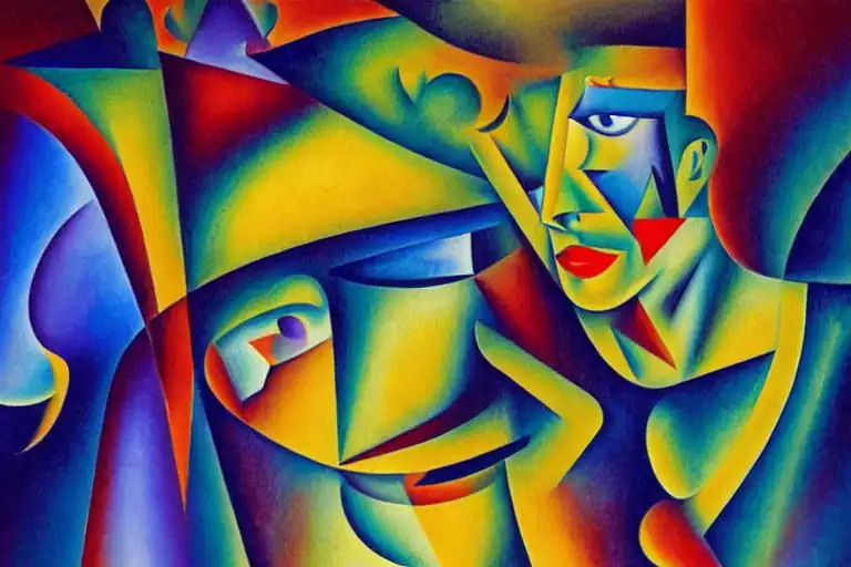 portrait of a woman smiling in a surrealist cubist style with polychromatic vibrant coloring